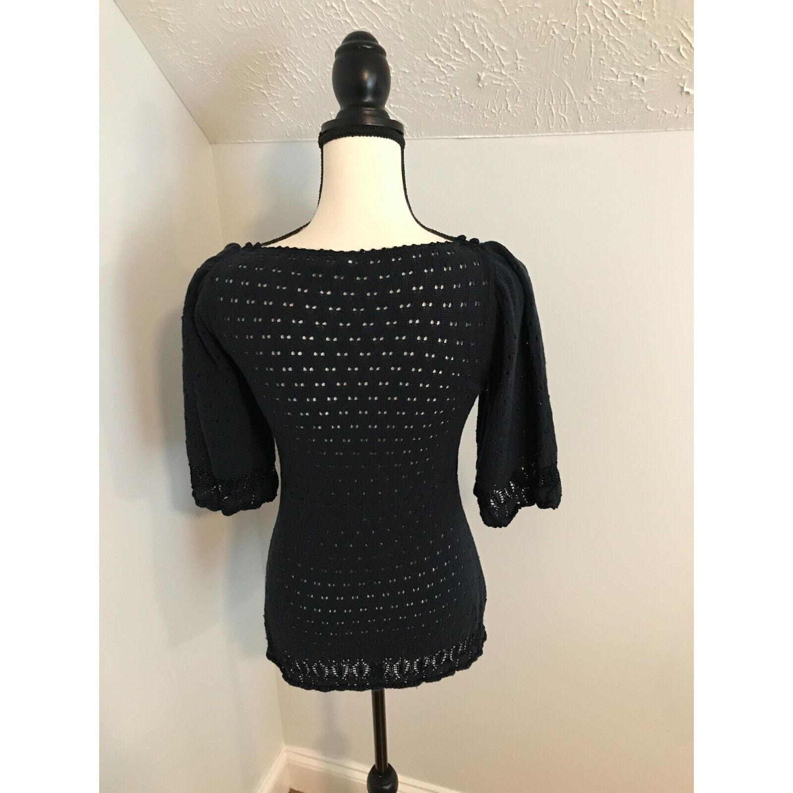 Anthropologie Anthropologie Moth Navy Blue Tie-Waist Pointelle Sweater Size XS / US 0-2 / IT 36-38 - 3 Thumbnail