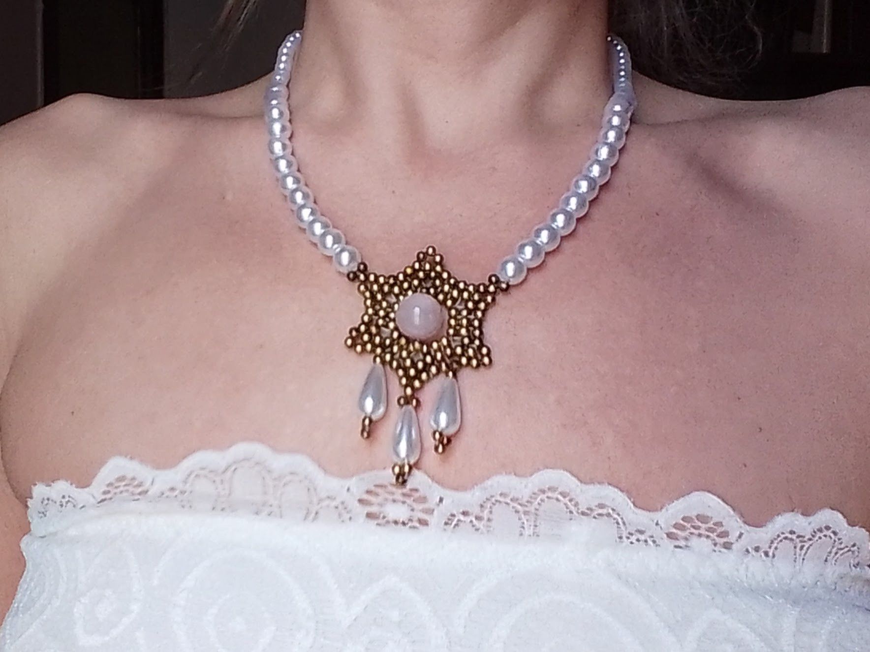 Handmade Elegant Pearls necklace Rose quartz Renaissance style Size ONE SIZE - 3 Thumbnail