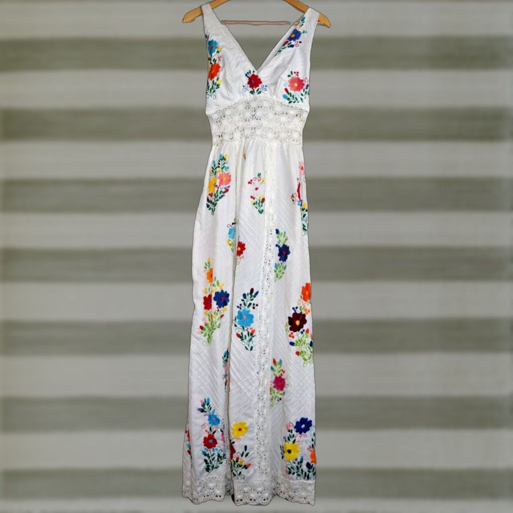 VINTAGE White Crochet Embroidery Empire Waist Dress S/M 70s Maxi Bohemian  Cotton Blend Casual Women? - threedaughtersproperties.com