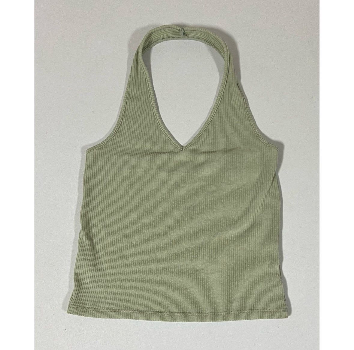 American Eagle Outfitters AE Olive Green Solid Ribbed Halter Top Shirt Blouse Size S ✨ Size S / US 4 / IT 40 - 1 Thumbnail