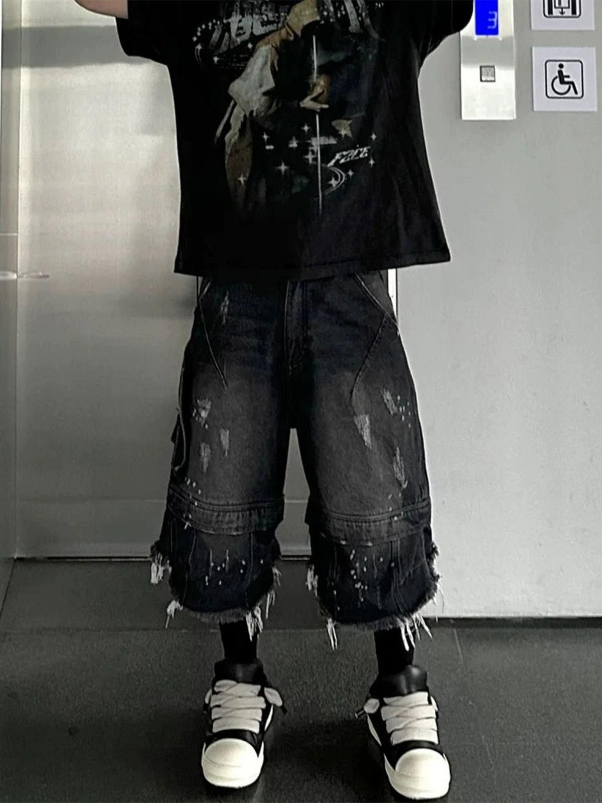 Black Distressed Baggy Denim Shorts Frayed Hem Shorts