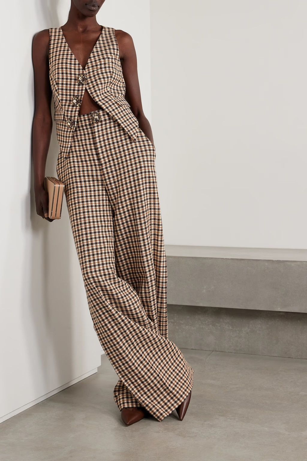 Area NYC AREA Crystal embellished Checked Wool Cotton-blend Vest Size M / US 6-8 / IT 42-44 - 4 Thumbnail