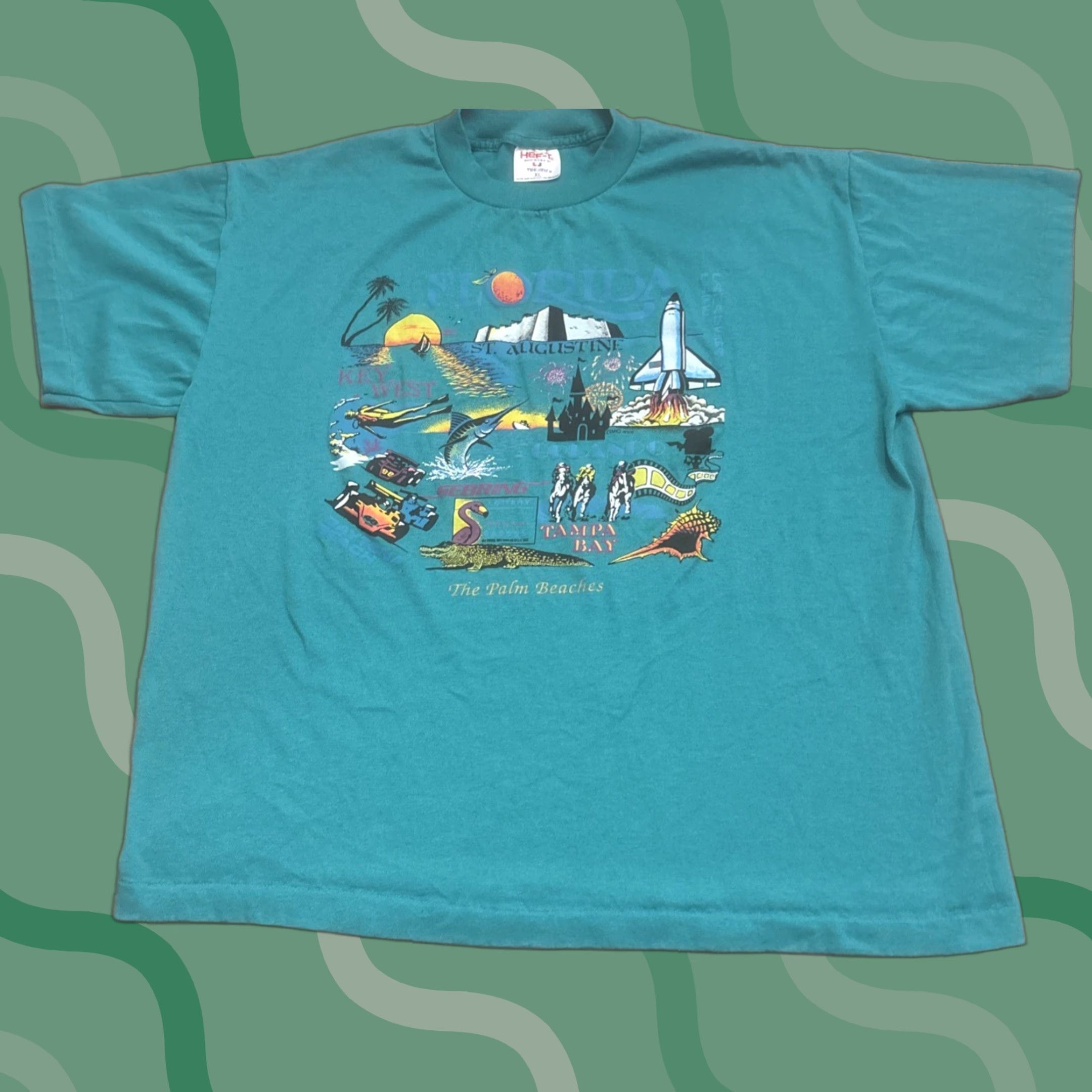 Vintage VINTAGE Florida Tourist Attractions T Shirt XL Teal 90s Hef-t Single Stitch Mens Shirts Size US XL / EU 56 / 4 - 1 Thumbnail