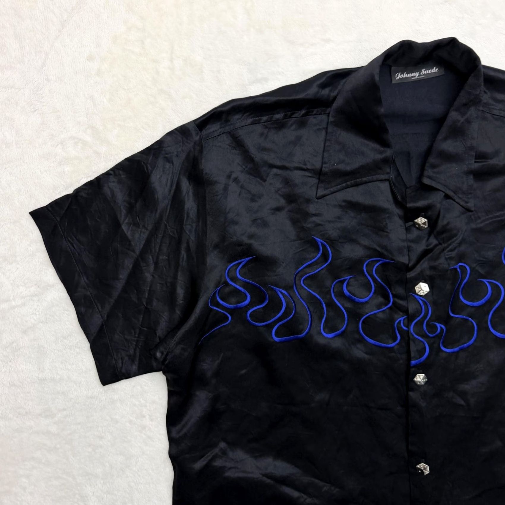 Vintage Johnny Suede Shirt Mens 2XL Black Satin Flame Embroidered Rock USA Button Up Size US XXL / EU 58 / 5 - 5 Thumbnail