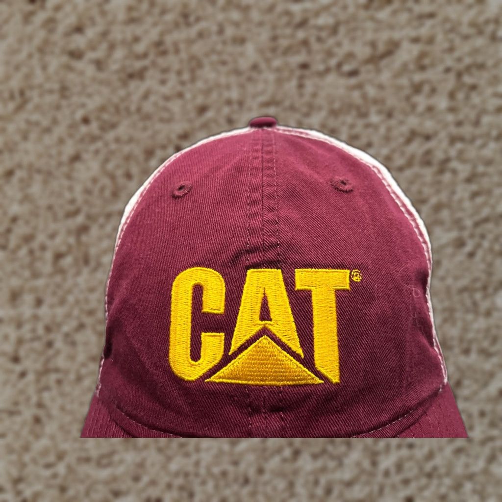 Vintage CAT Hat Cap Strap Back Adult Red Trucker Hat Cotton Polyester Twill Adjustable Lightweight Lined Casual Work Men Mens Size ONE SIZE - 1 Thumbnail