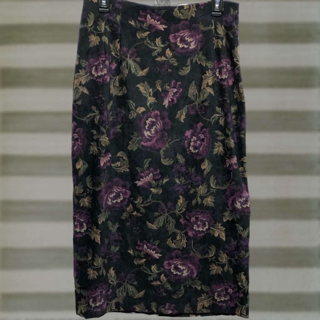 Vintage VINTAGE Briggs Midi Skirt 12P Blk Purple Floral 31"W Career Cottage Whimsigoth Size 34" / US 12 / IT 48 - 1 Thumbnail