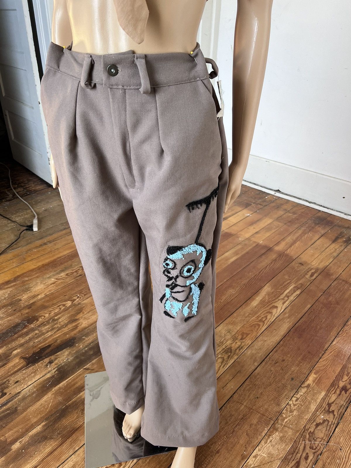 image of Gardening Panda Embroidery Wool Pants Med By Anna Herman in Beige, Women's (Size 28)