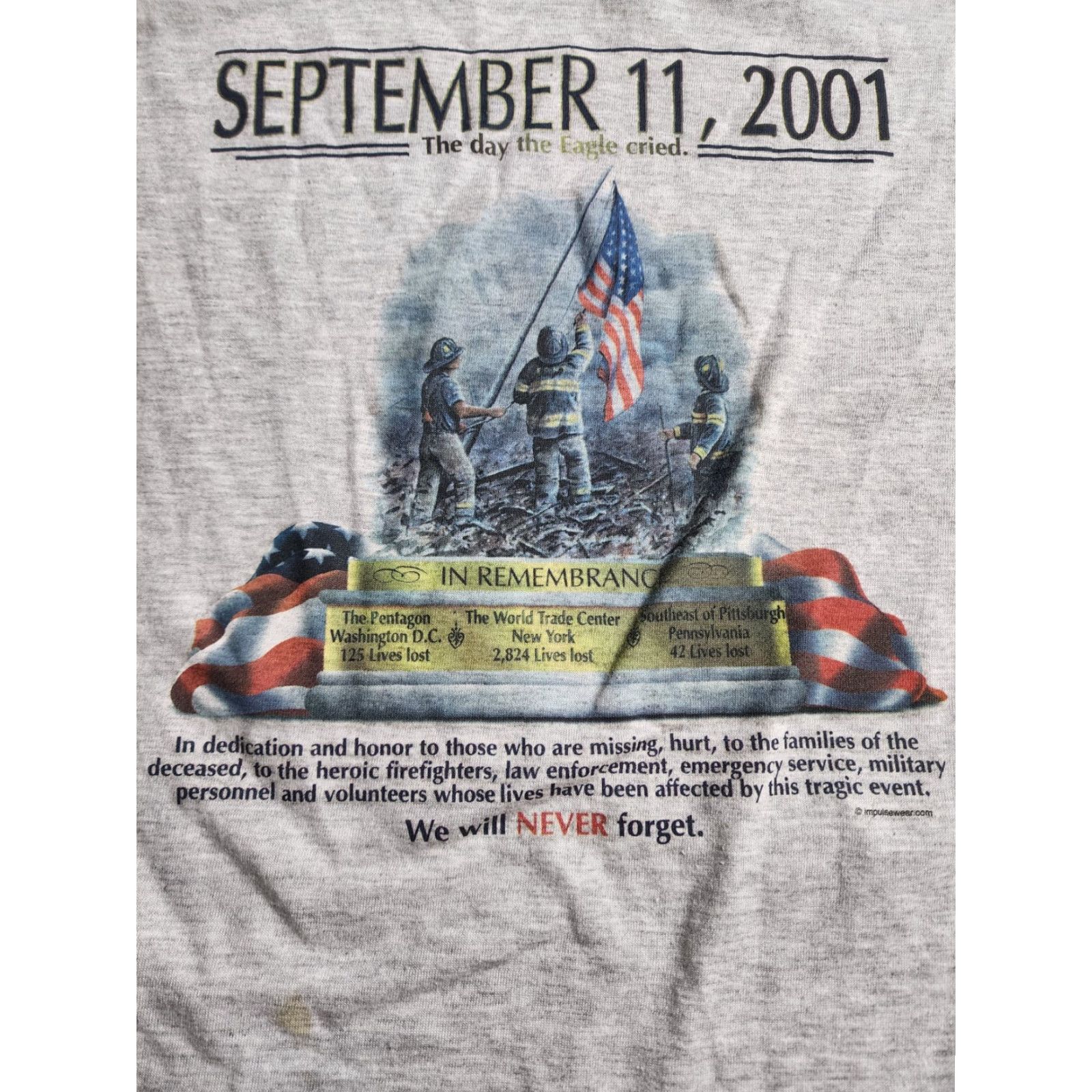 Jerzees VINTAGE JERZEES Cropped T-Shirt Womens M Gray 9/11 Distressed Size M / US 6-8 / IT 42-44 - 2 Thumbnail