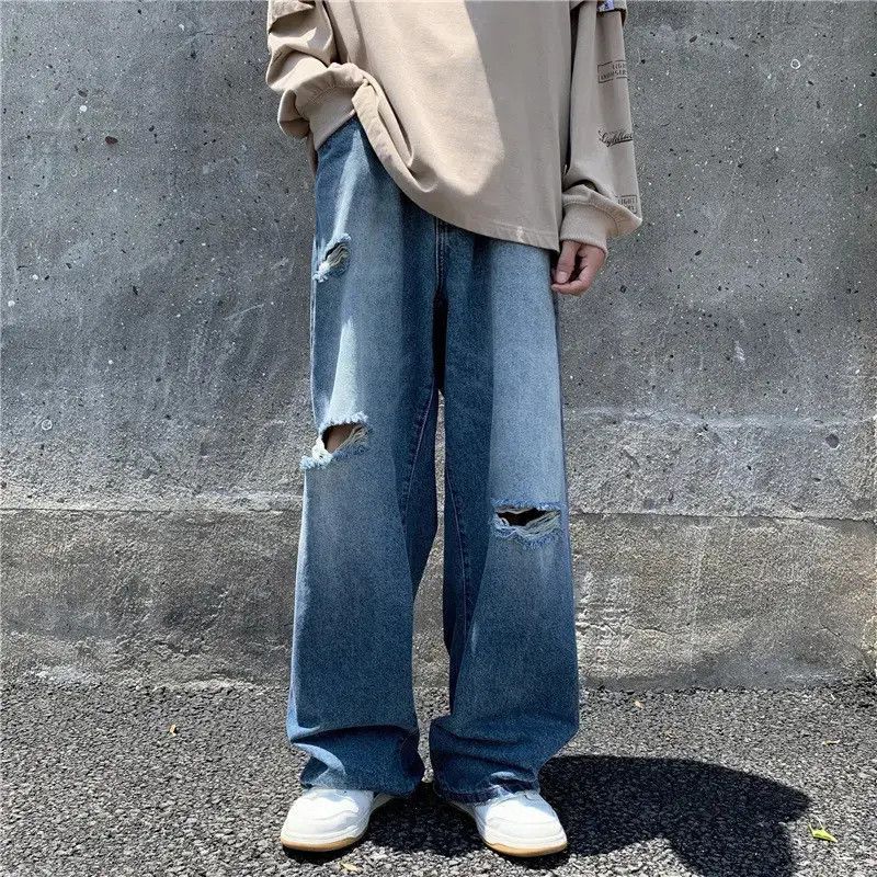 Retro wide leg hip-hop ripped jeans