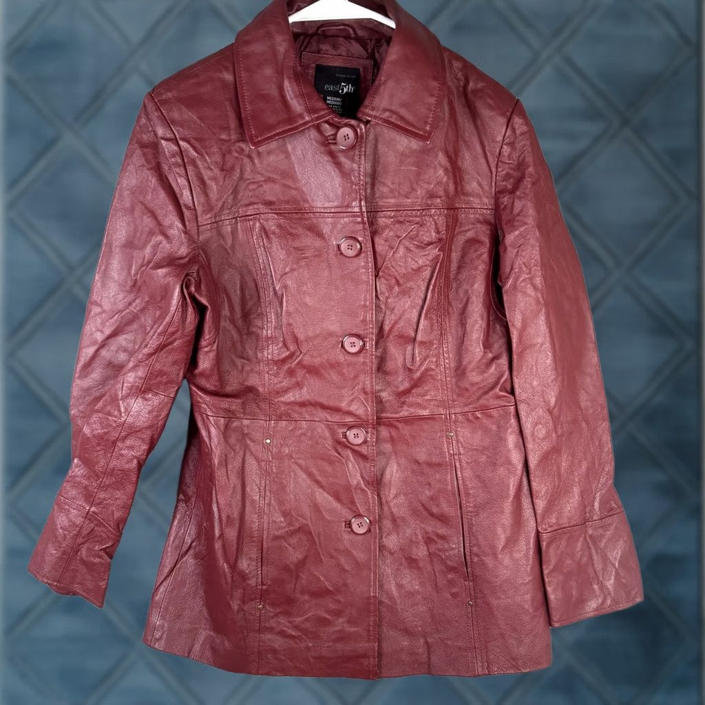 Vintage East 5th Leather Coat Womens M Red Button Lined Mid-Length Single-Breasted Size M / US 6-8 / IT 42-44 - 1 Thumbnail