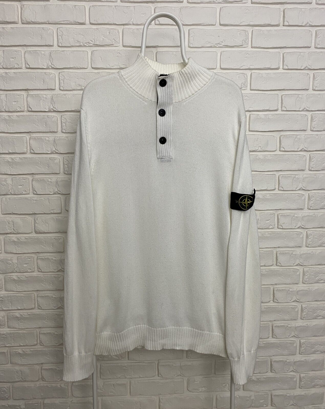 image of Stone Island Cotton Sweater Jumper 1/3 Zip Button Size Xxl in White, Men's