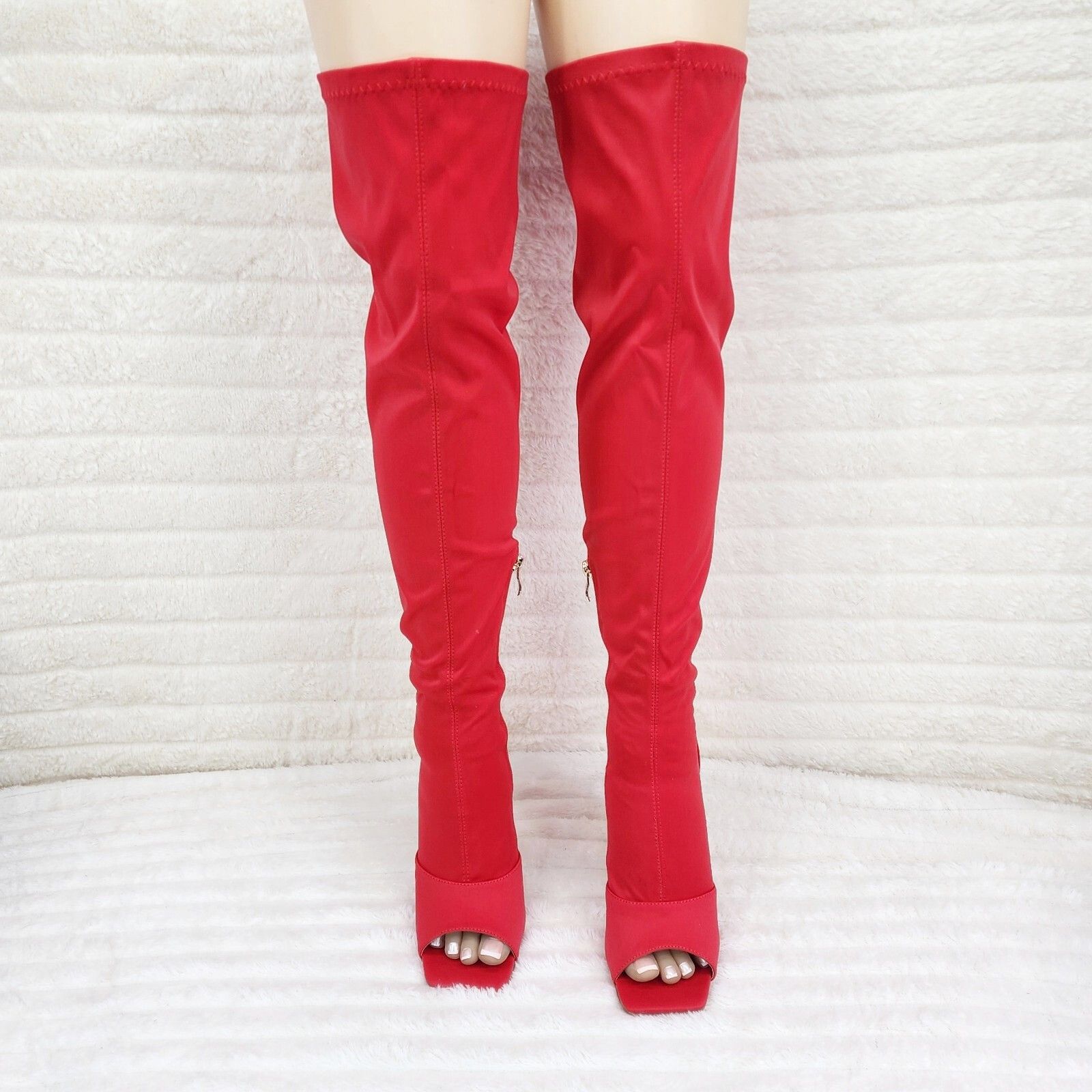 Other Vicky Bright Red Open Square Toe Stretch Thigh High Heel Boo Size US 8.5 / IT 38.5 - 5 Thumbnail