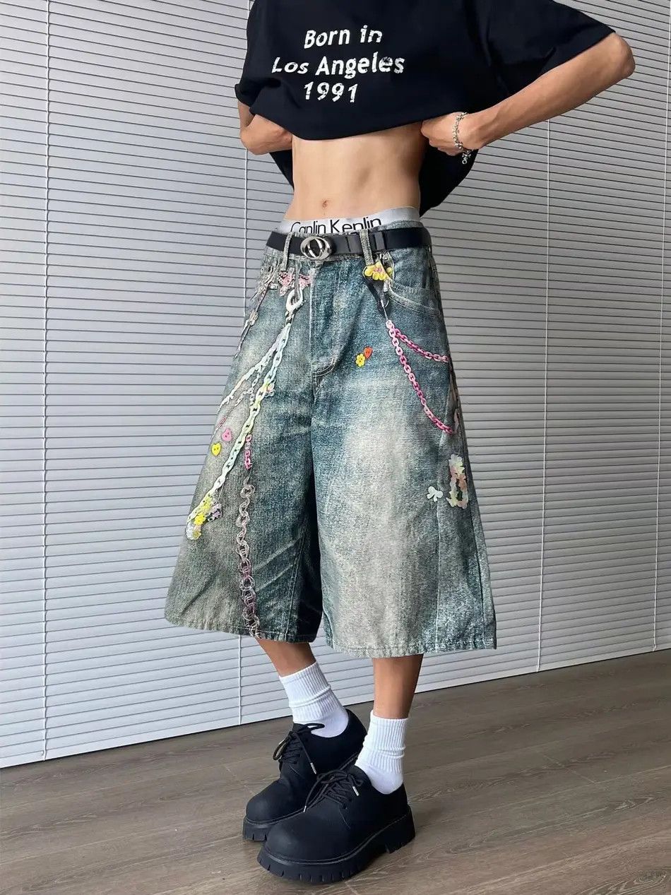 Retro hip-hop chain printed denim shorts