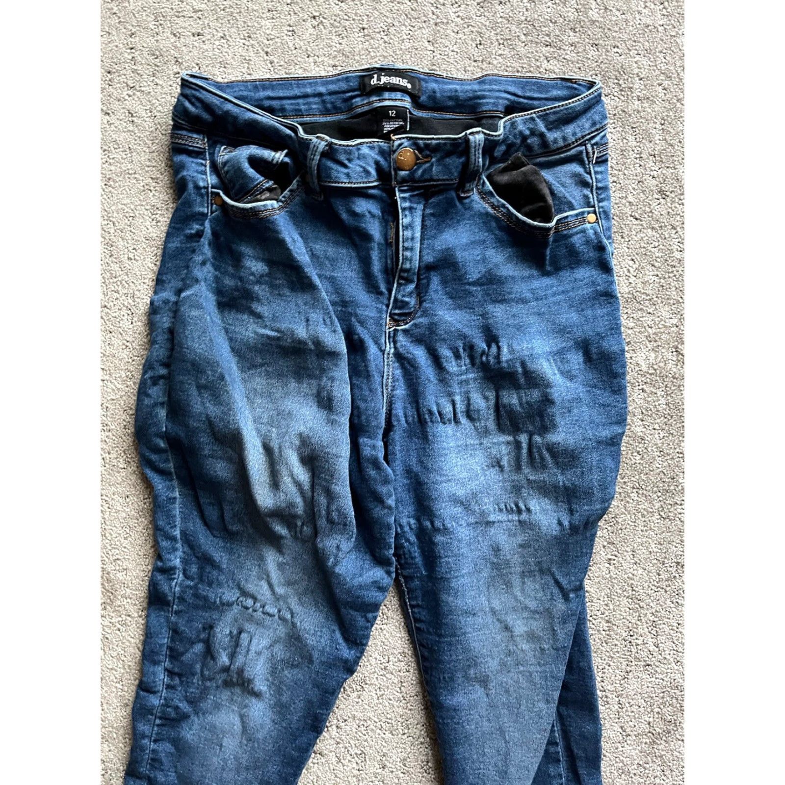 Vintage D.Jeans Womens Jeans Skinny Mid Rise Stretch Cotton Blend Solid Blue 12 Regular Belt Loops 5-Pocket Denim Size 34" / US 12 / IT 48 - 2 Thumbnail