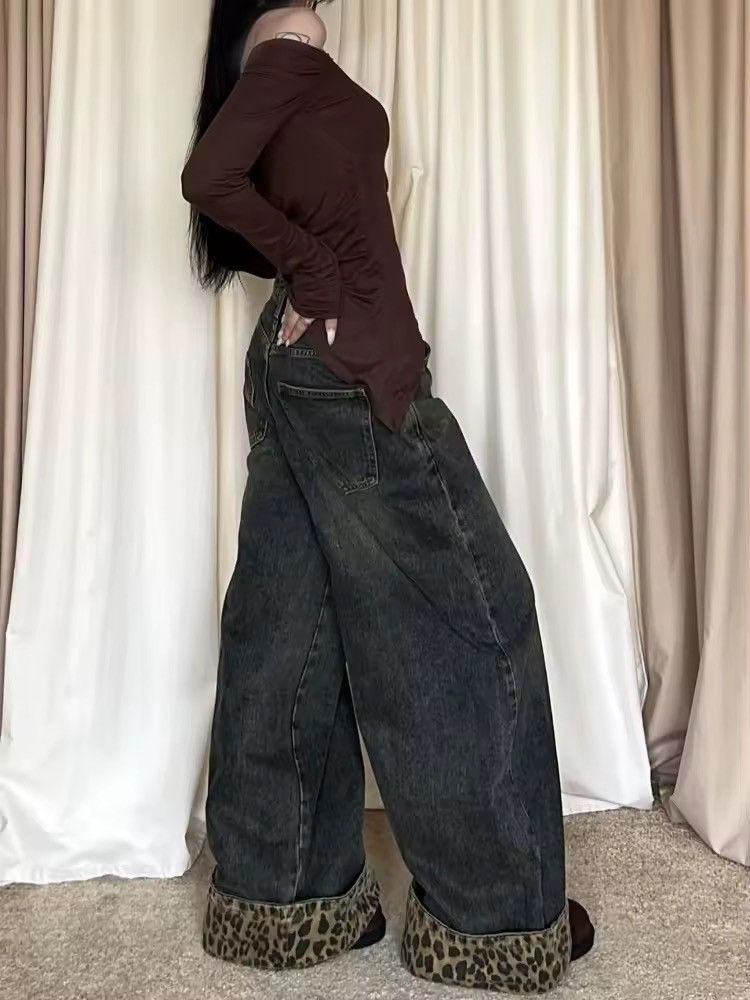 Other Black wide leg jeans with leopard print pockets Size 28" / US 6 / IT 42 - 2 Thumbnail