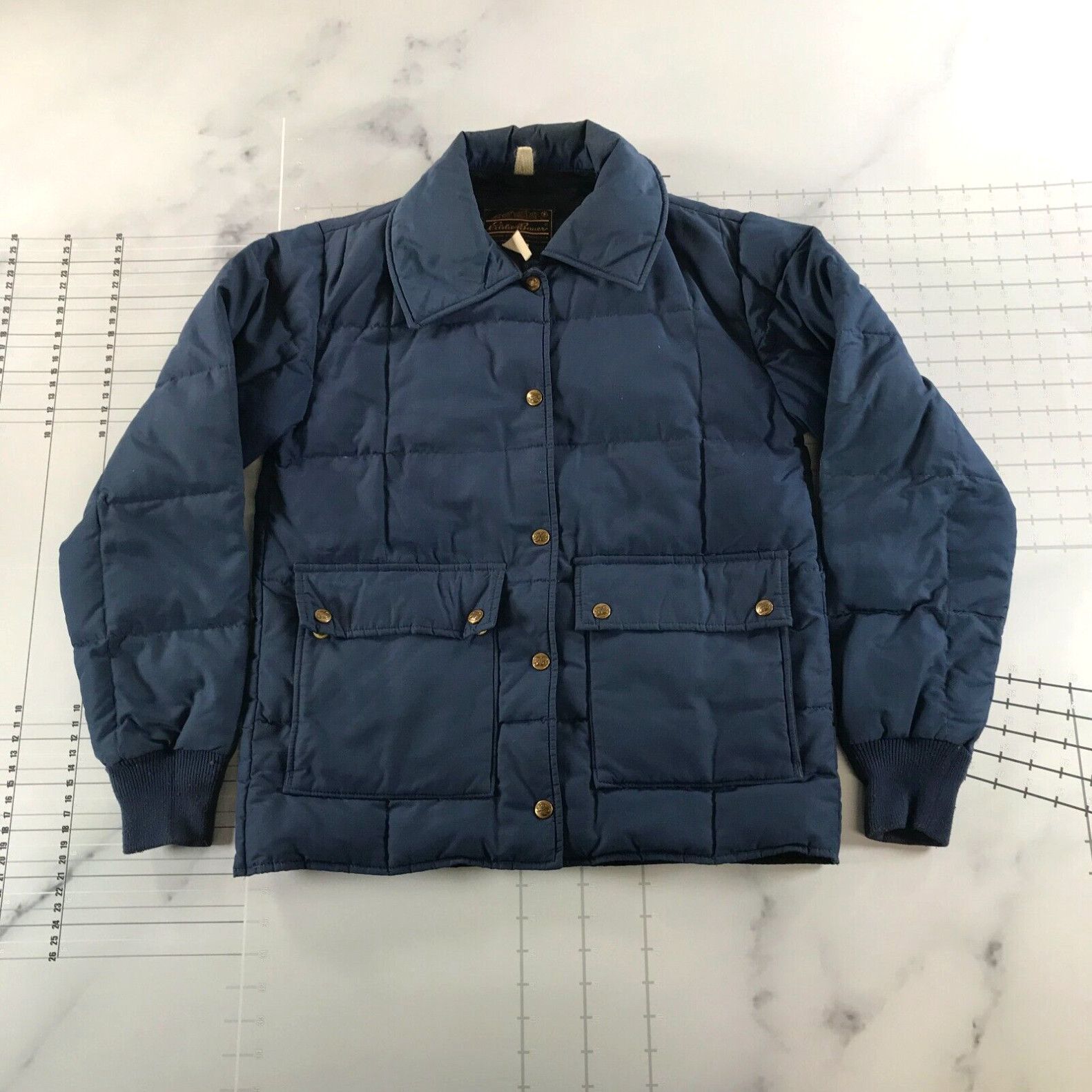 image of Vintage Eddie Bauer Jacket Mens Extra Small Navy Blue Snap Collared Puffer in White (Size XS)