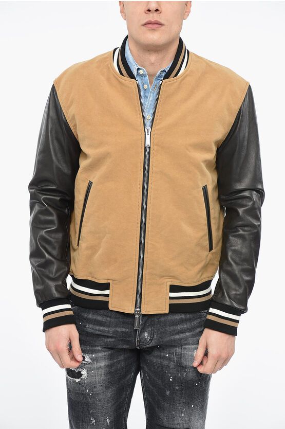 image of Dsquared2 Icon Varsity Bomber Jacket With Leather Sleeves in Beige, Men's (Size Large)