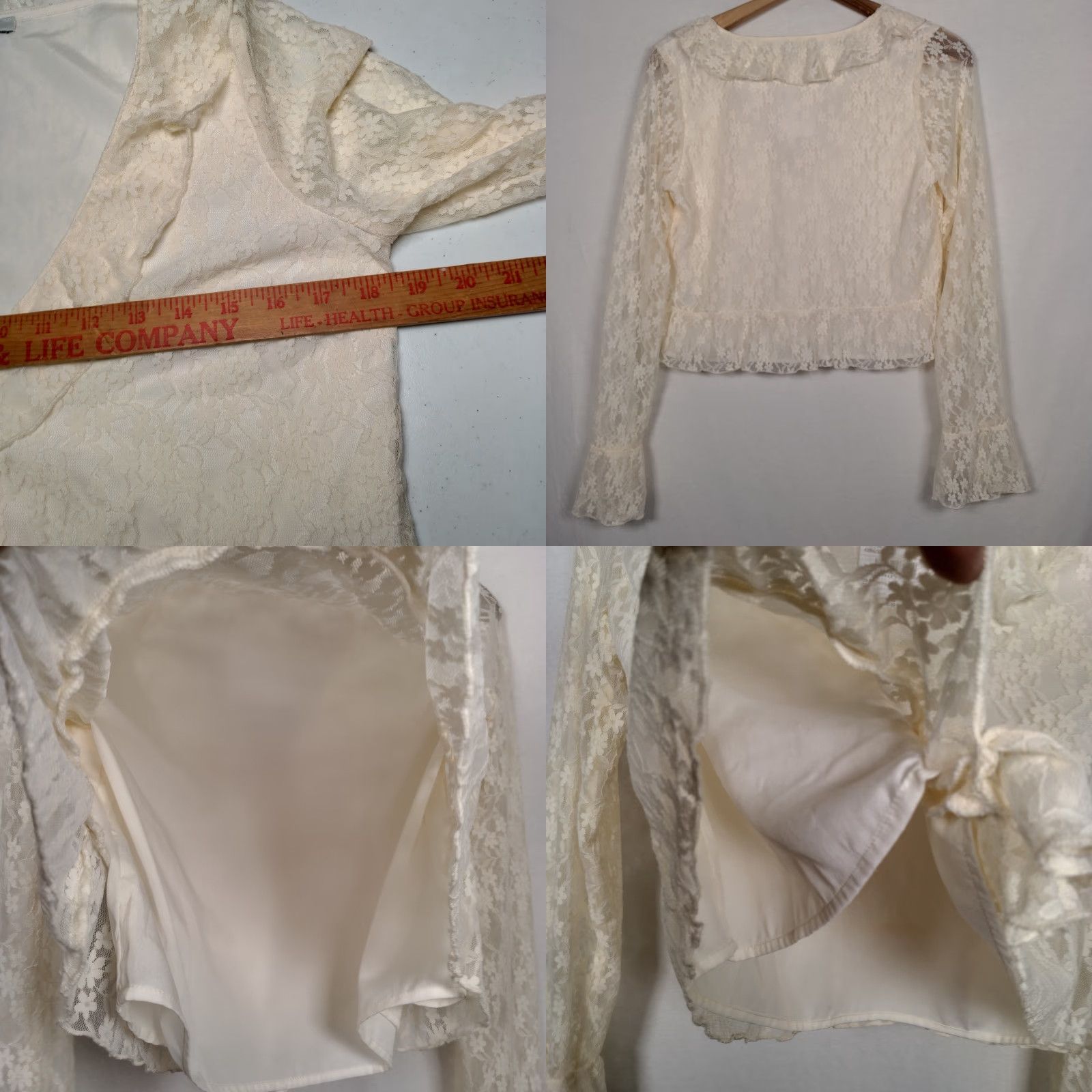 American Eagle Outfitters VINTAGE American Eagle Outfitters Shirt Small Cream Floral Lace Cropped Bell Sleeve V-Neck PULLOVER Fairycore Womens Size S / US 4 / IT 40 - 9 Thumbnail