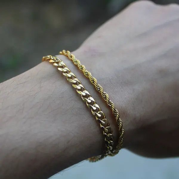 Jewelry Gold 5mm Cuban Link & 3mm Rope Bracelet Set Size ONE SIZE - 2 Thumbnail