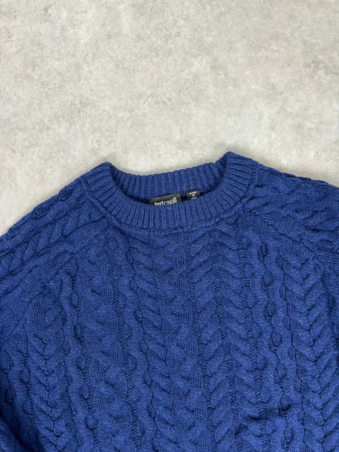 Just Cavalli 2010s Cavalli Avant-Garde Navy Destructured Wool Sweater Size US L / EU 52-54 / 3 - 4 Thumbnail