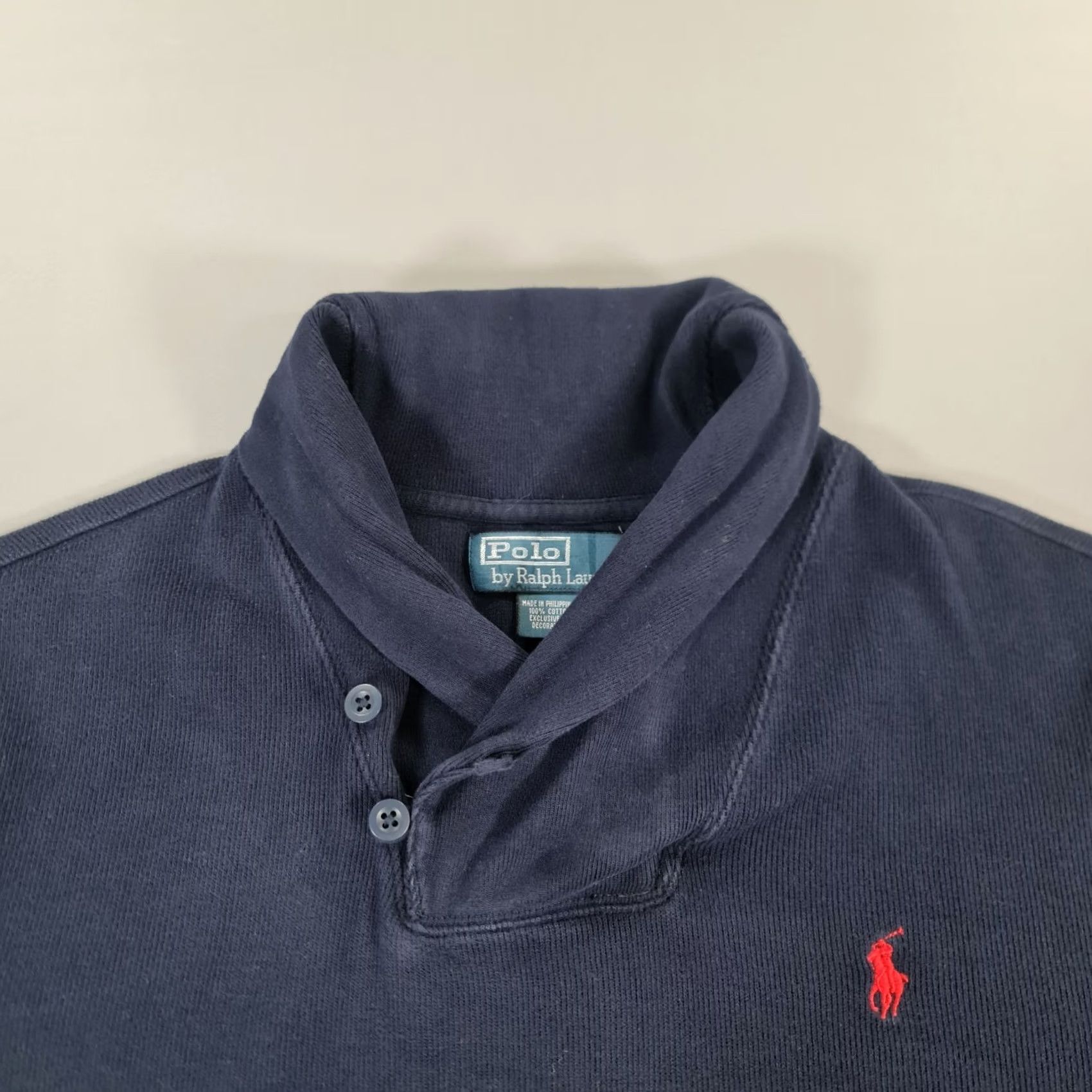 Polo Ralph Lauren VINTAGE Polo Ralph Lauren Jumper Mens Shawl Neck Navy Blue Large Cotton Pullover Knitted Logo Size US L / EU 52-54 / 3 - 2 Thumbnail