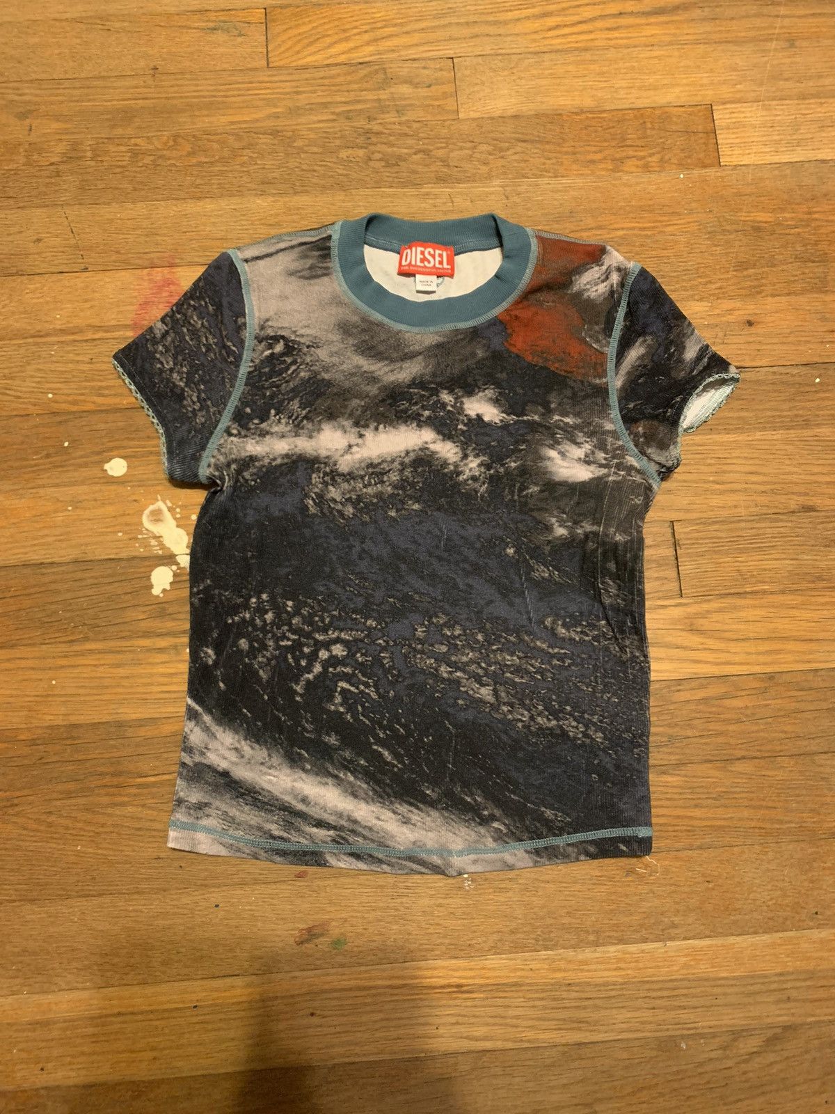 Image of Diesel Ribbed Tshirt With Planet Print T-Skinzy-Lace in Blue, Women's (Size Small)