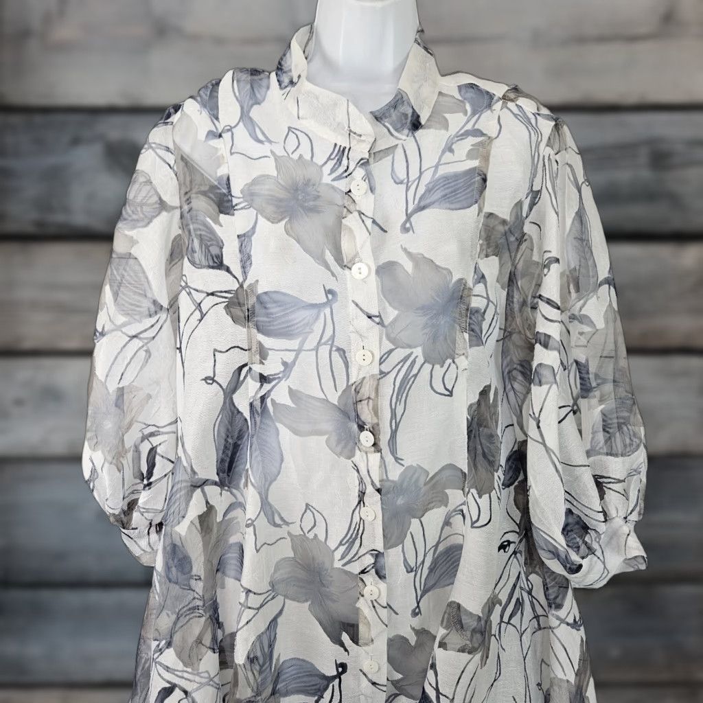 Vintage IC by Connie K Jacket Womens Button Up Sz Medium White Gray Floral Sheer Size M / US 6-8 / IT 42-44 - 1 Thumbnail