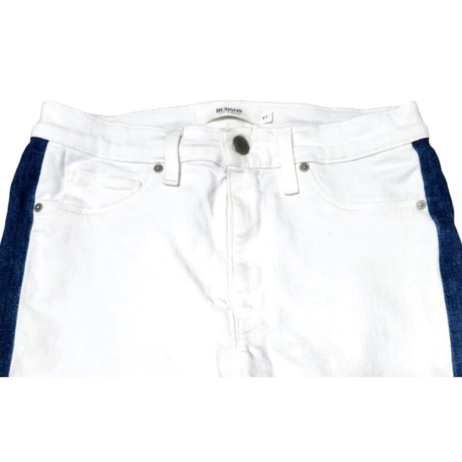 Hudson Hudson Jeans Skinny Jeans White Blue Stripe Denim 27 Womens Regular 90% Cotton 8% Polyester 2% Elastane Belted Pockets Raw Hem Size 27" / US 4 / IT 40 - 3 Thumbnail