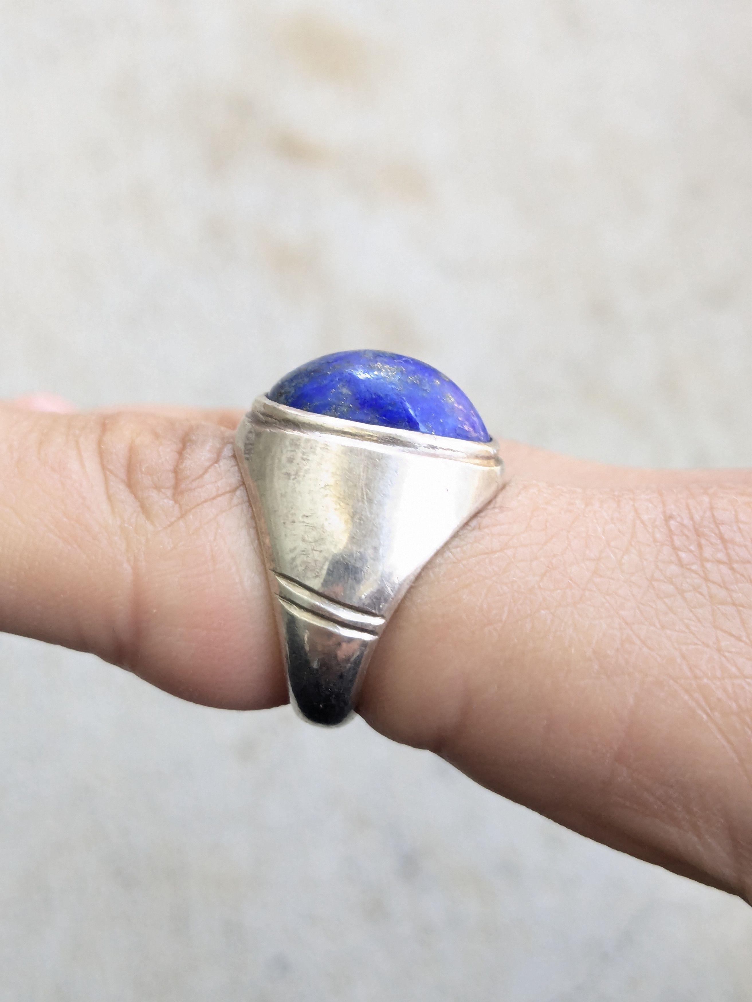 Jewelry Vintage Sterling Silver Ring Blue Lapis Lazuli Oval Cabochon Size ONE SIZE - 10 Thumbnail