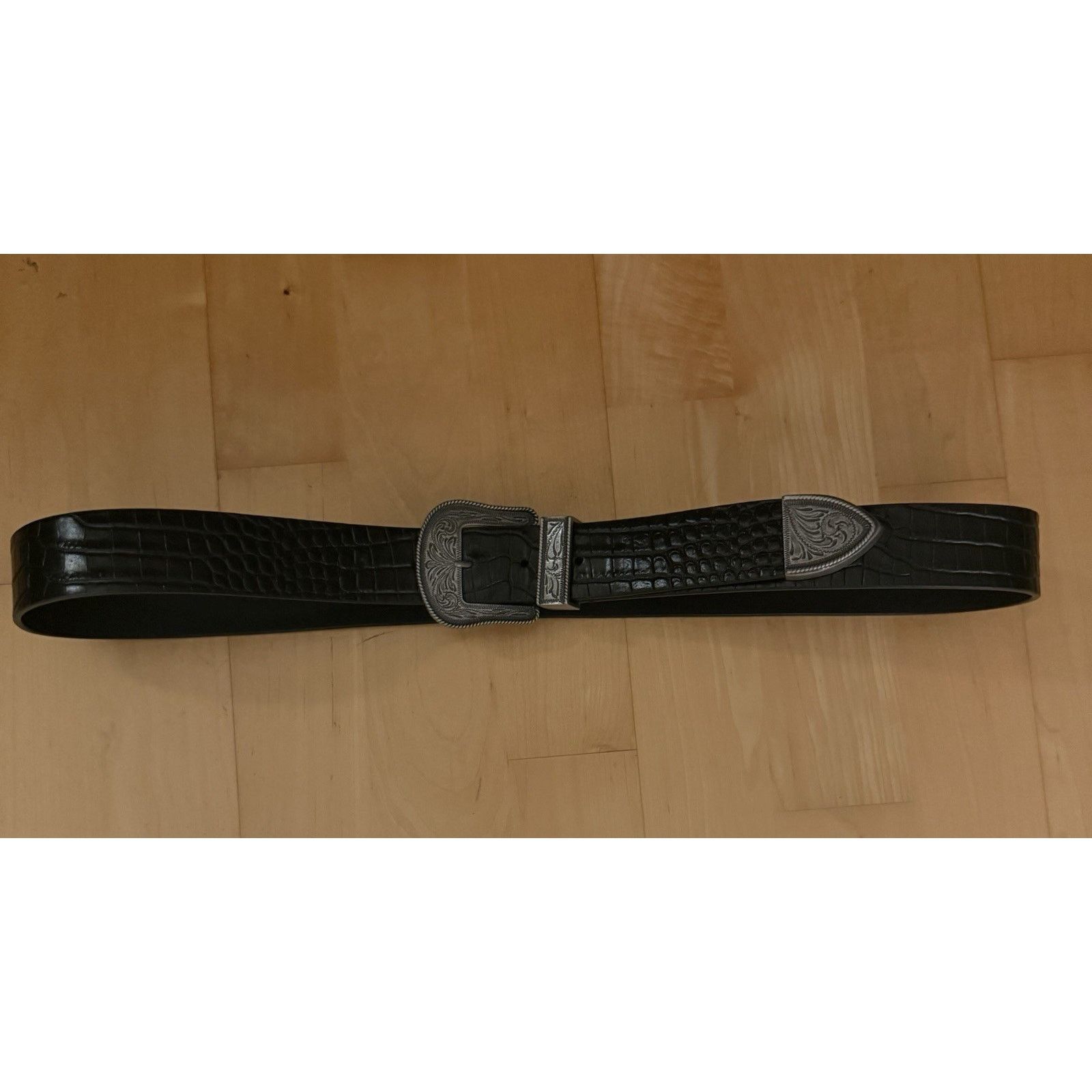 Lauren Ralph Lauren Ralph Lauren BLACK Leather Croc SILVER WESTERN Equestrian L Size ONE SIZE - 1 Thumbnail