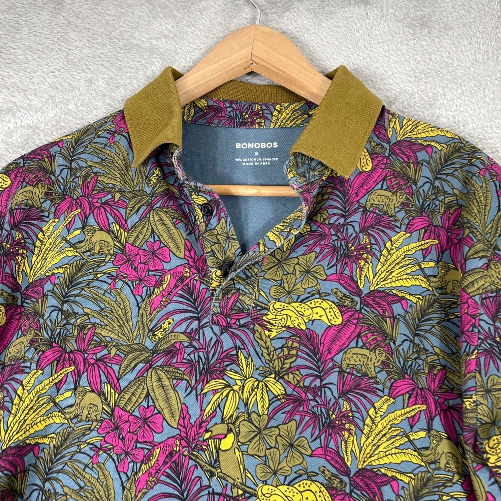 Bonobos Bonobos Polo Shirt Mens Small Blue Jungle Animal Print Long Sleeve Stretch Size US S / EU 44-46 / 1 - 2 Thumbnail