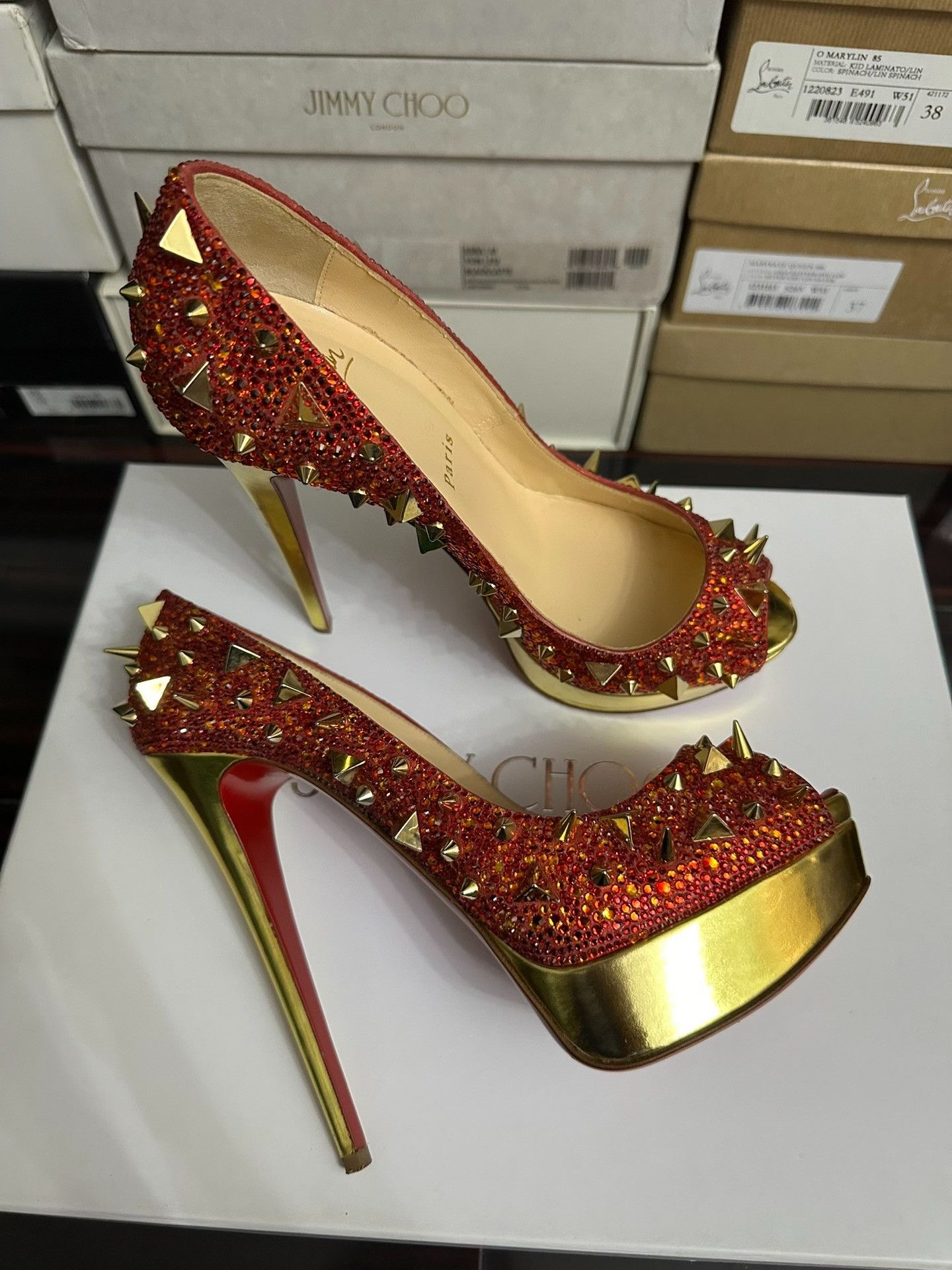Christian Louboutin Christian Louboutin Red Crystal Heels Size US 7.5 / IT 37.5 - 1 Thumbnail