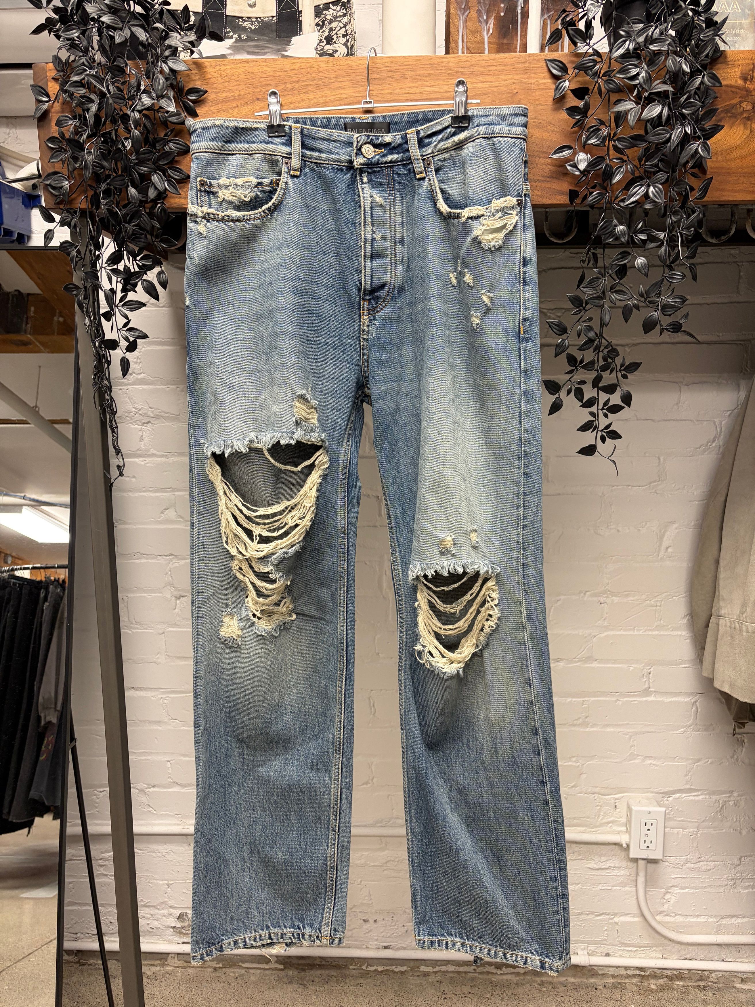 Balenciaga 2023 Balenciaga ‘Heavily Distressed’ Washed Blue Bootcut Baggy Denim Size US 33 - 1 Thumbnail