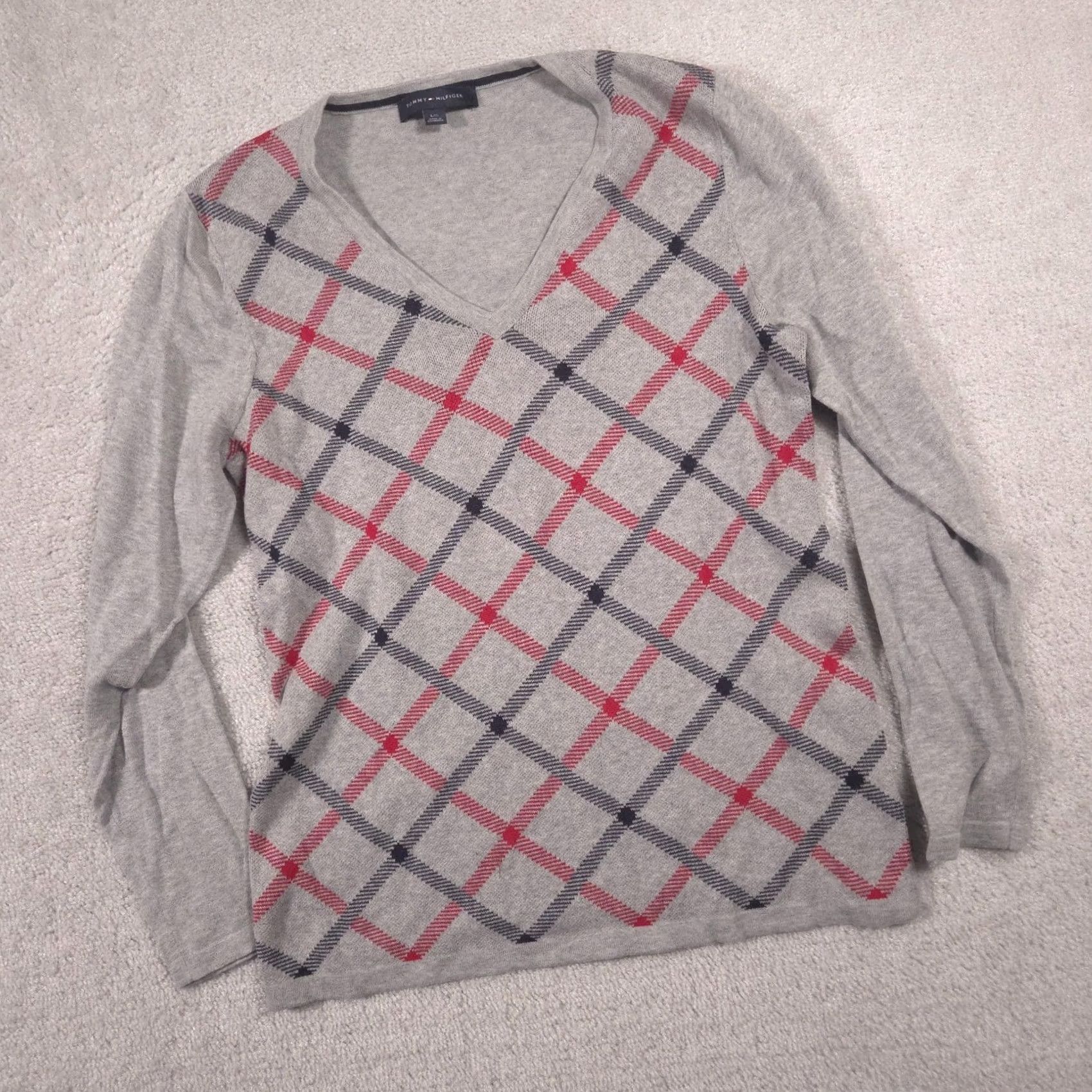 Tommy Hilfiger Tommy Hilfiger Sweater Womens L Gray V-Neck Argyle Lightweight Knit Pullover Size L / US 10 / IT 46 - 2 Thumbnail