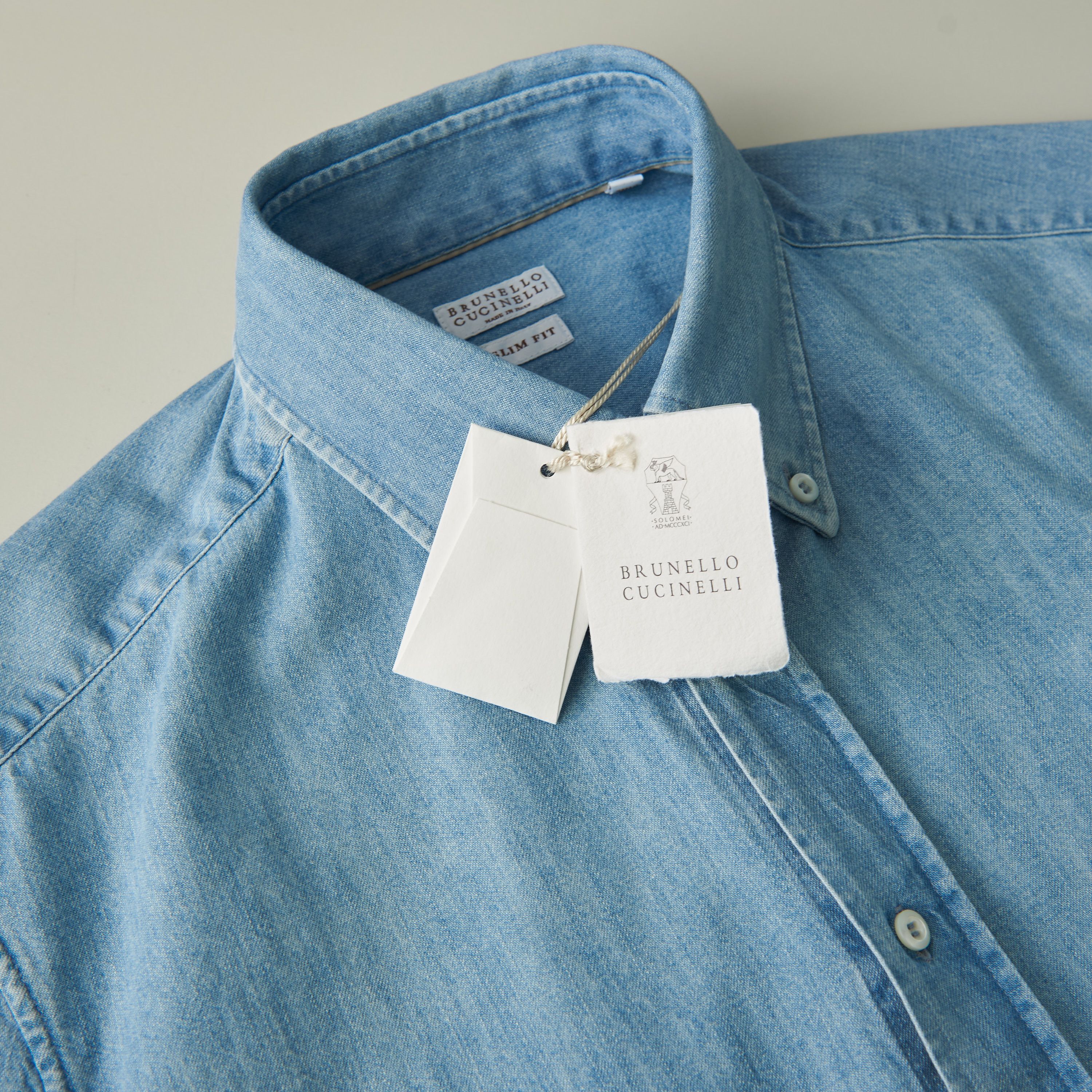 Brunello Cucinelli Denim Shirt - Slimfit, Button Down, Light Blue Cotton Size US M / EU 48-50 / 2 - 17 Thumbnail