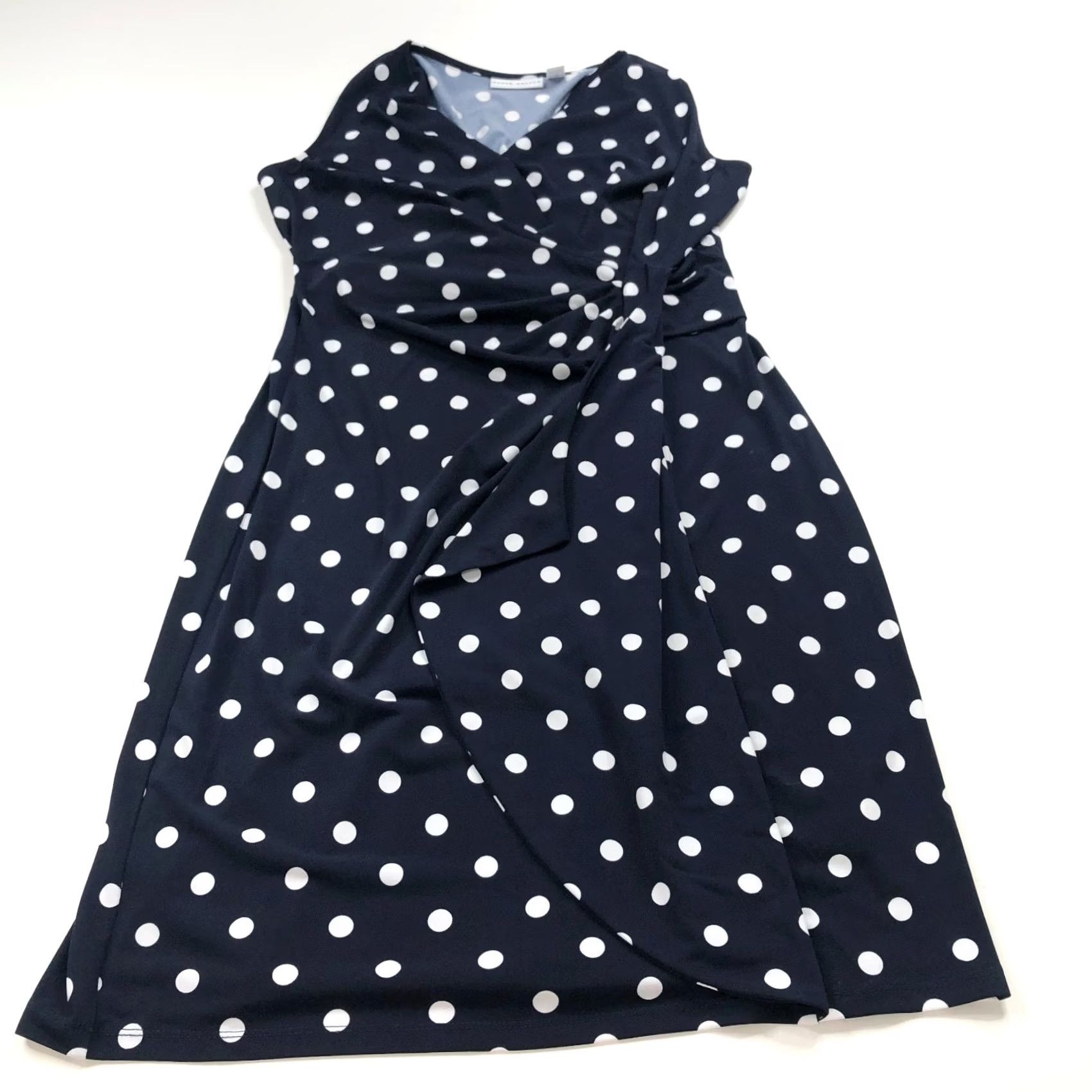 Vintage Susan Graver Polka Dot Blue Faux Wrap Dress Pettite XSP Sleeveless V-Neck A-Line Knee Length Womens PXS MINT Size XS / US 0-2 / IT 36-38 - 5 Thumbnail