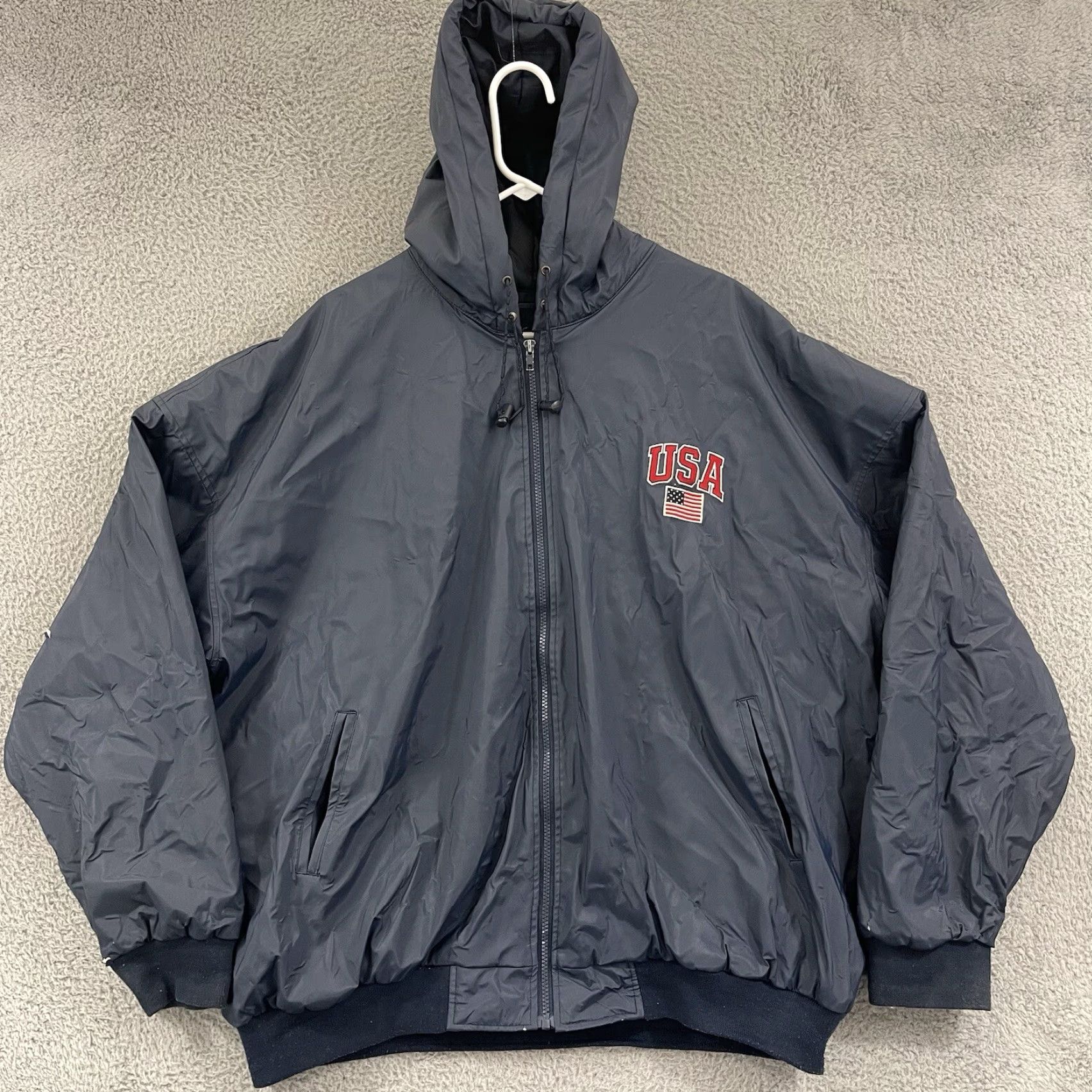 Vintage VINTAGE Steve & Barry's Jacket Mens 3XL Blue USA Flag Polyvinyl Zip Hooded Lined Size US XXL / EU 58 / 5 - 2 Thumbnail
