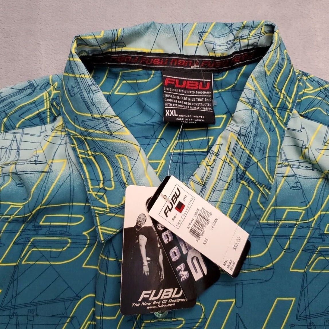 Fubu VINTAGE FUBU Shirt Mens 2XL Teal Green Polyester Streetwear Hip Hop NWT Casual Button-Up Short Sleeve Geometric Pattern Mens Size US XXL / EU 58 / 5 - 4 Thumbnail