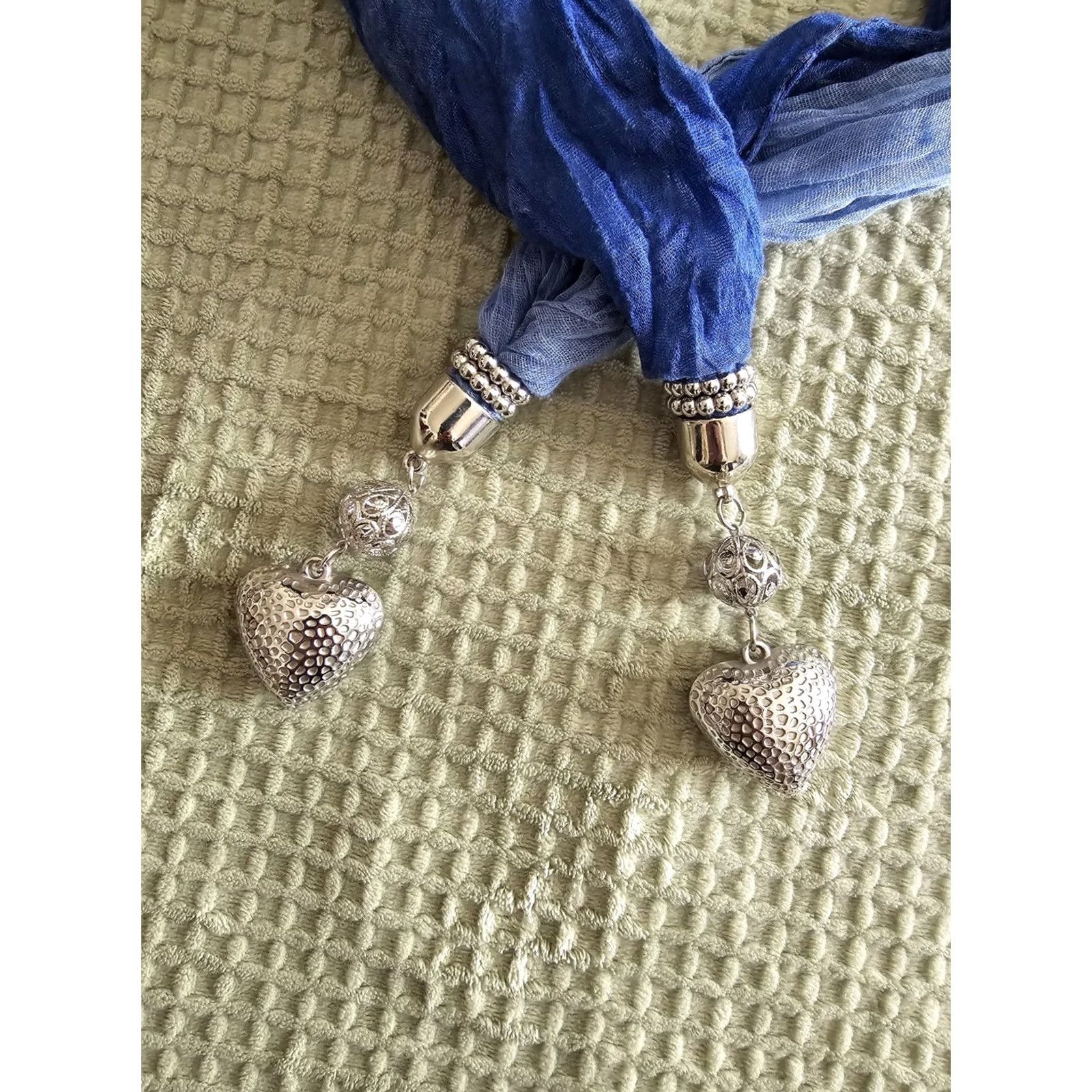 Vintage VINTAGE Blue Ombre Scarf with Heart Charms Scarf Women Adult 69in Blue Heart Charms Fall Spring Summer Winter art love cottagecore fairycore Size ONE SIZE - 2 Thumbnail