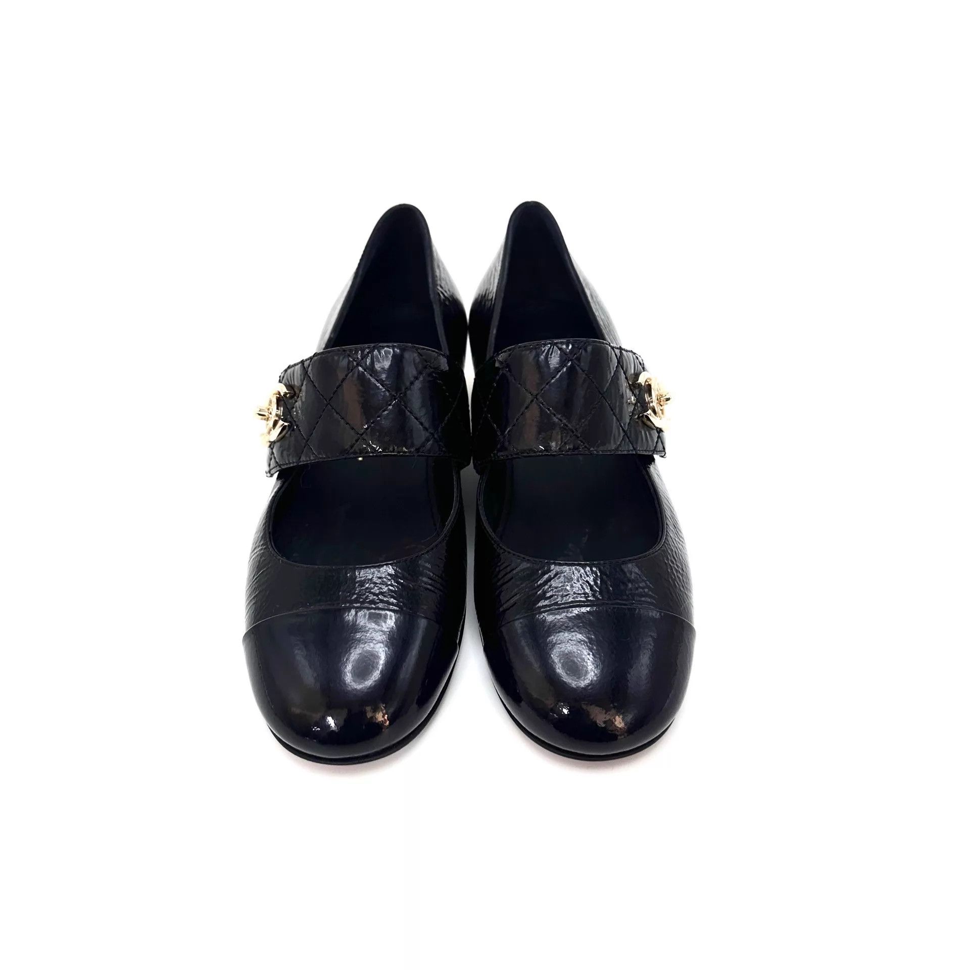 Chanel CHANEL Black & Gold Patent Block Heel Mary Jane 35 Size US 4.5 / IT 34.5 - 3 Thumbnail