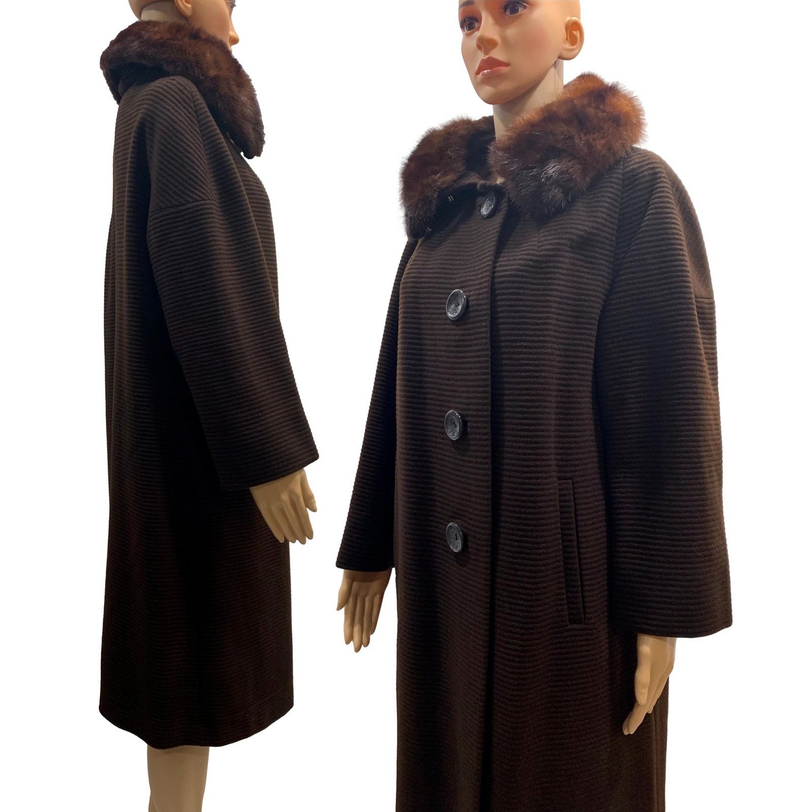 Vintage 60s Brown Ribbed Wool Coat w Mink Collar | Small Size S / US 4 / IT 40 - 7 Thumbnail