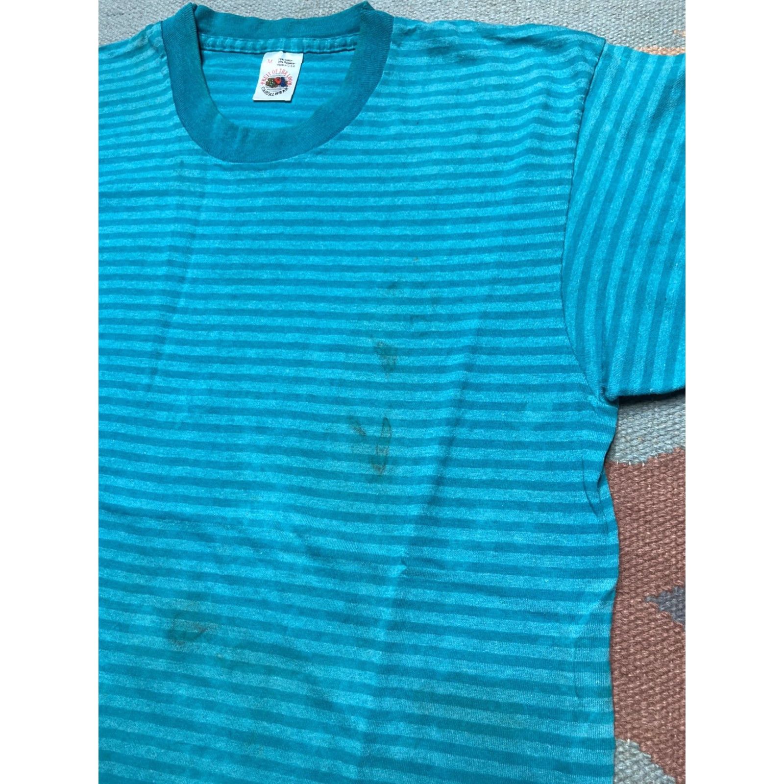 Fruit Of The Loom VINTAGE Fruit of the Loom Striped T-Shirt Distressed Grunge Teal Blue M Adult Medium Men's Shirt Size US M / EU 48-50 / 2 - 4 Thumbnail