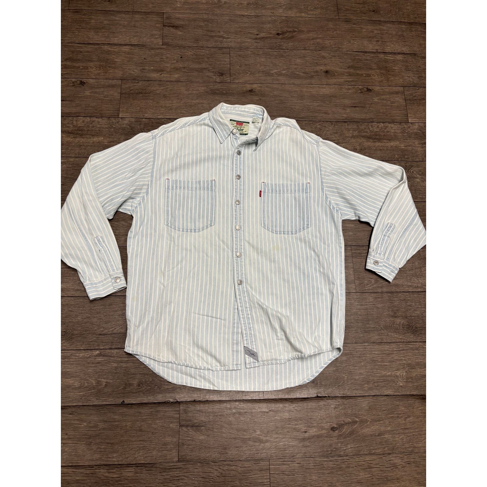 Levi's × Vintage Vintage Levis White Blue Striped Button Shirt Sz L 90s Size US L / EU 52-54 / 3 - 1 Thumbnail