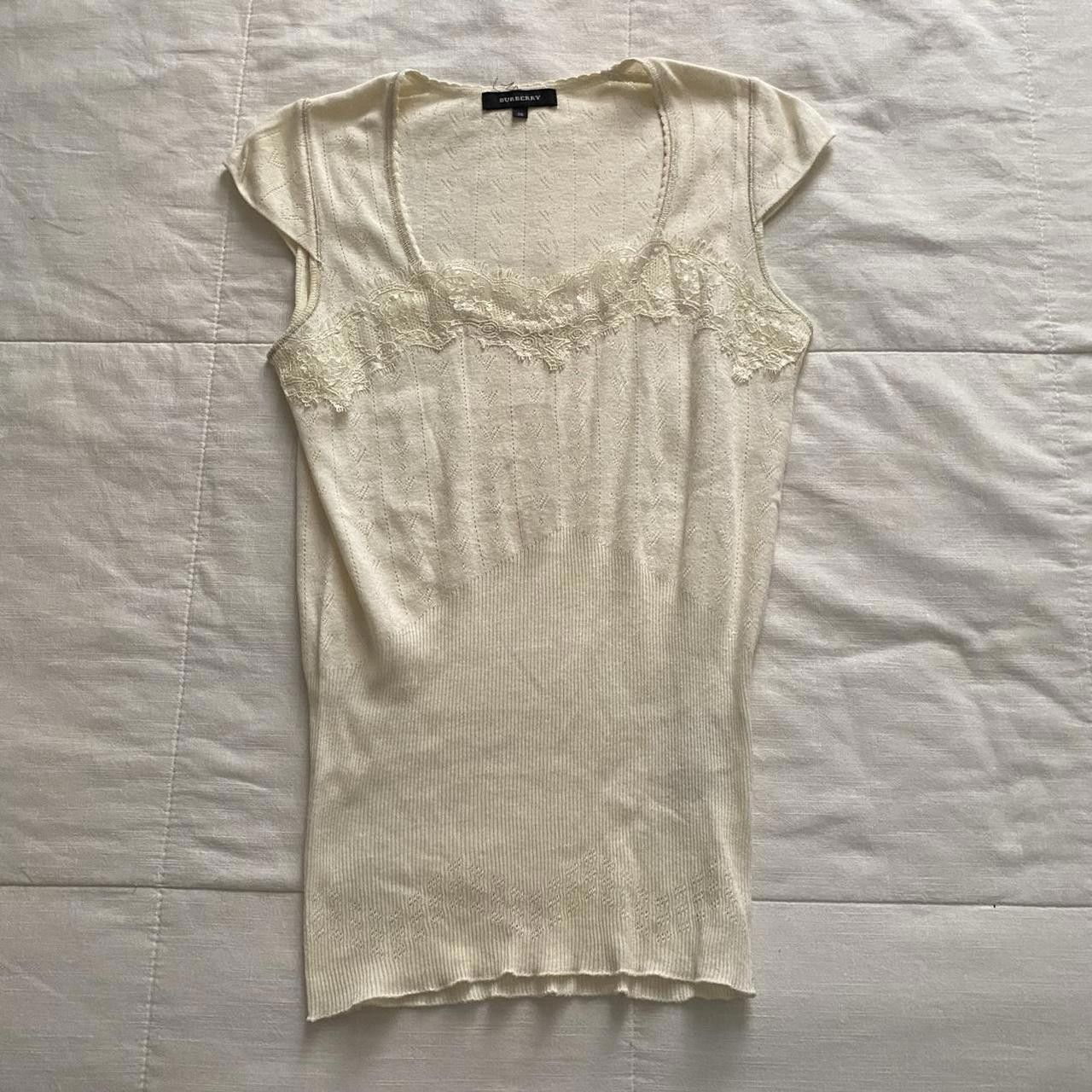 image of Burberry Cream Pointelle Scoop Neck Top, Women's (Size Medium)