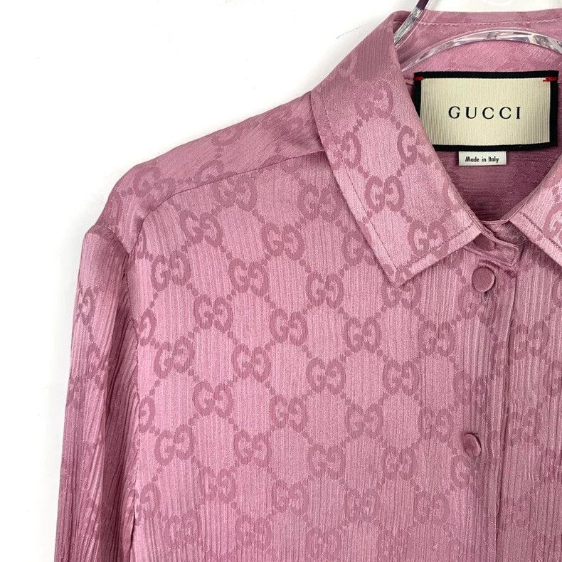 Gucci Gucci Double G full print lapel pink mulberry silk long-sle Size US M / EU 48-50 / 2 - 3 Thumbnail