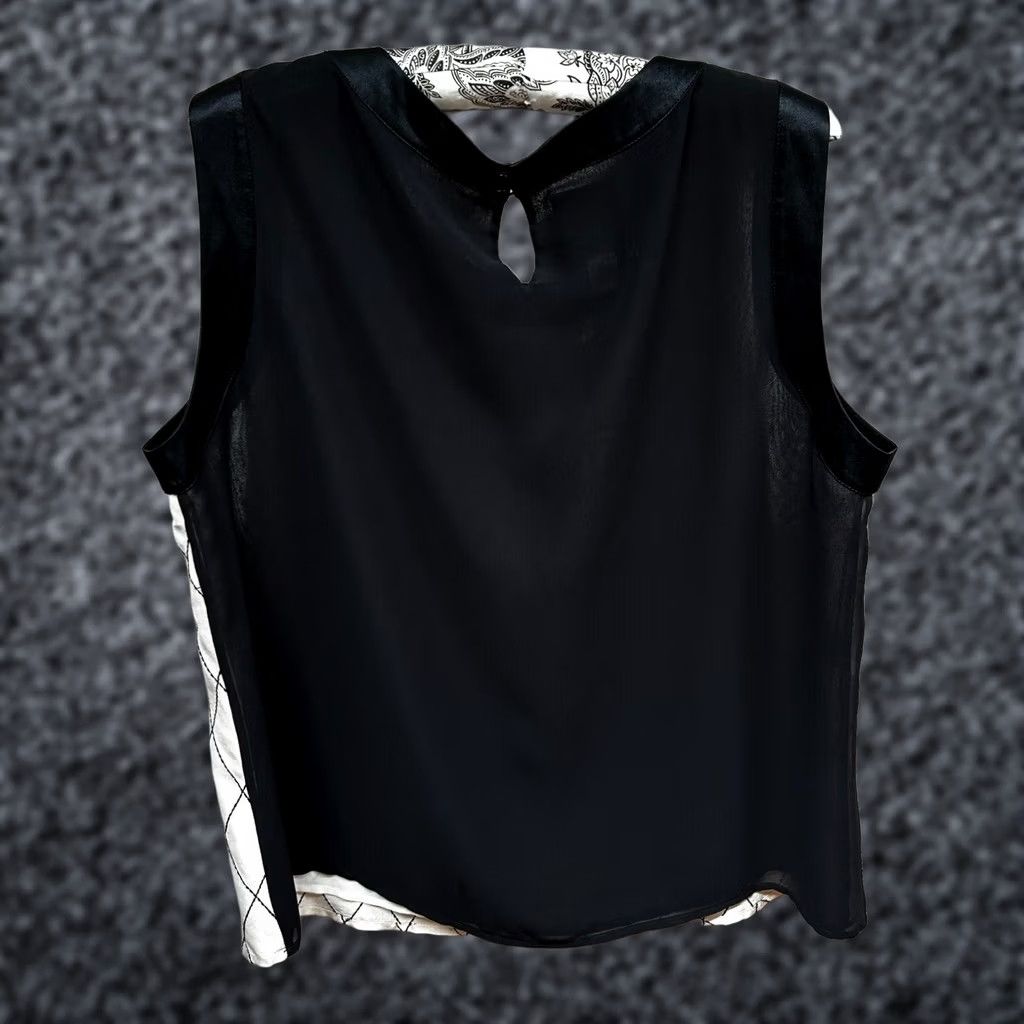 Vintage Edward Achour Paris Womens Sleeveless Silk Top Size 46 Cream/Black Diamond Print Size L / US 10 / IT 46 - 1 Thumbnail