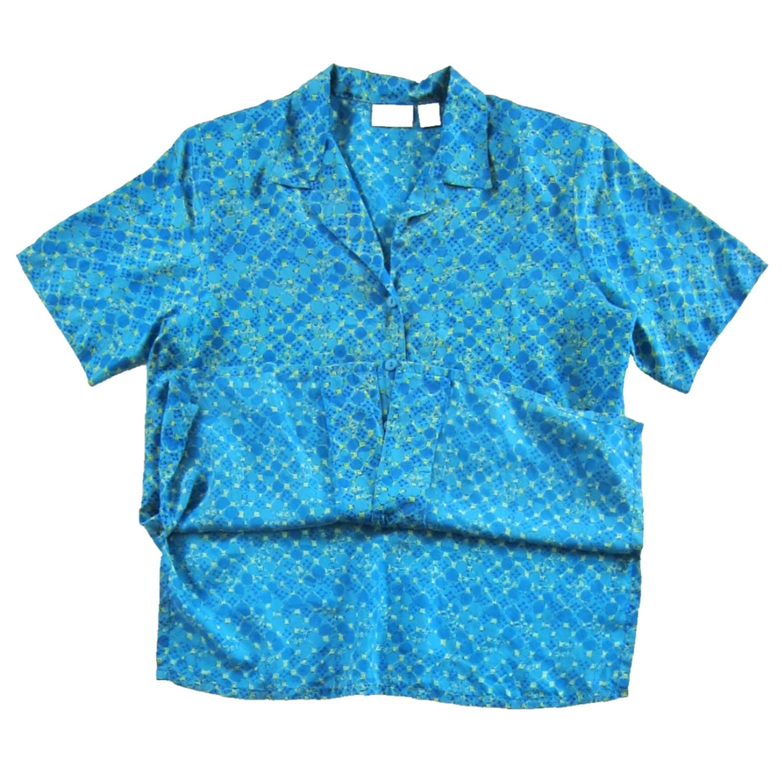 Worthington VINTAGE Worthington 100% Silk Blue Yellow Green Short Sleeve Collared Blouse Women XL Size XL / US 12-14 / IT 48-50 - 5 Thumbnail