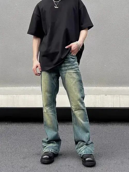 VIBE Vintage washed yellow mud patchwork micro-flared jeans Size US 32 / EU 48 - 4 Thumbnail
