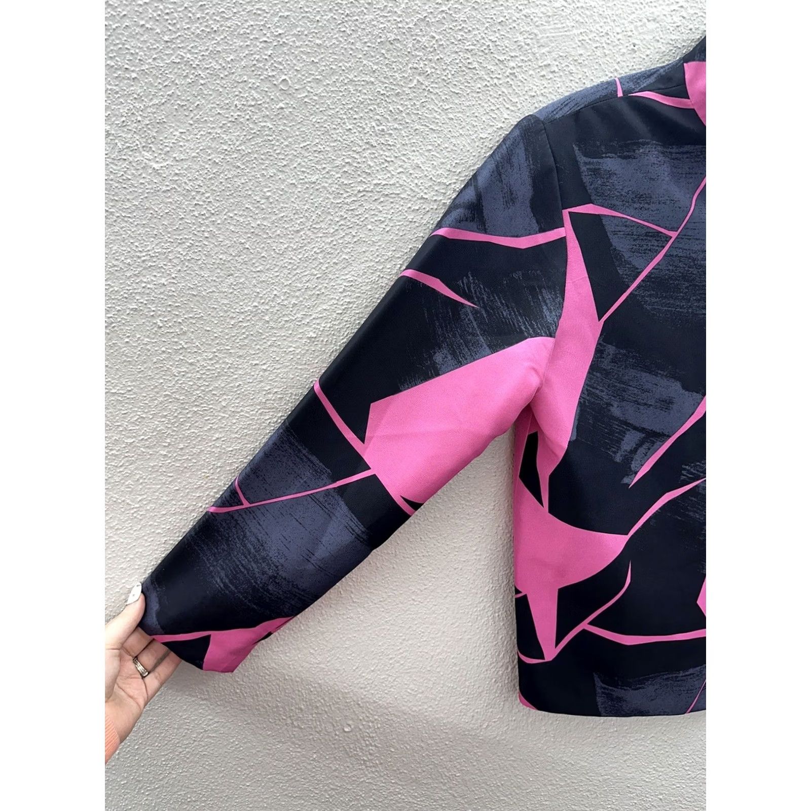 Vintage Silk Club Jacket Womens Petite Small Pink Black Zip Up Geometric Mid-Length Satin Lining Static Size S / US 4 / IT 40 - 2 Thumbnail