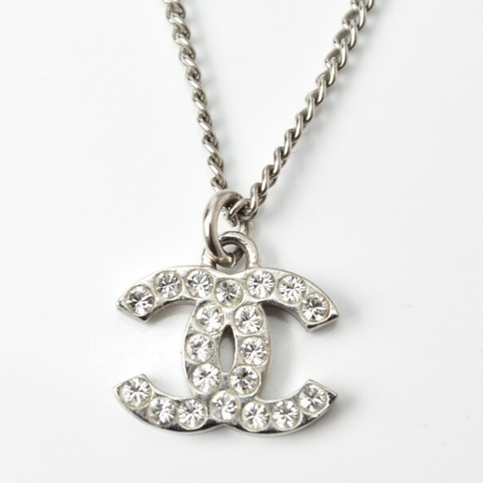 image of Chanel Necklace Pendant Coco Mark Cc Rhinestone Silver White, Women's